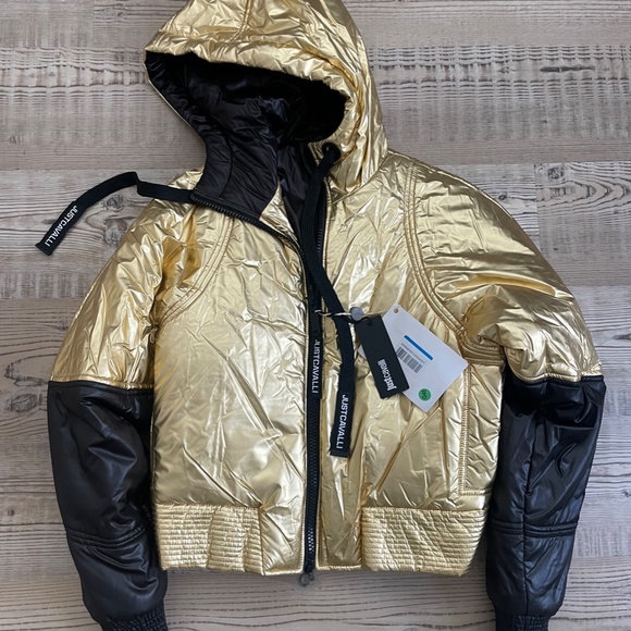 NWT ROBERTO CAVALLI HOODED JACKET - REVERSIBLE BLK / GOLD SMALL